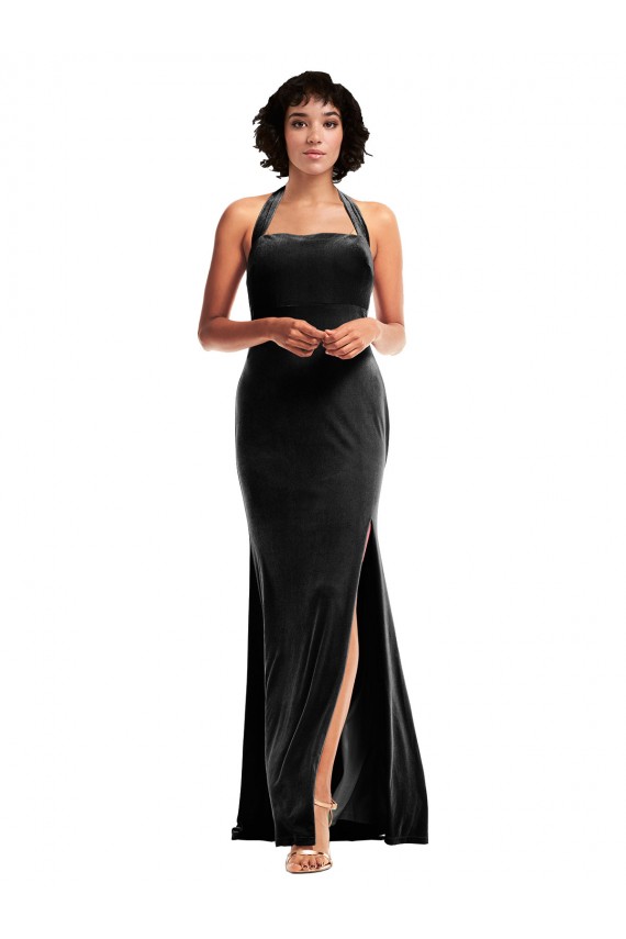 Purchase Empire Waist Stretch Velvet Prom Dress with Halter Strap UK
