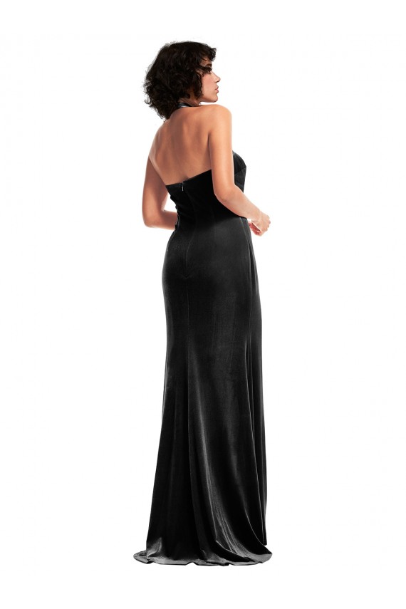 Purchase Empire Waist Stretch Velvet Prom Dress with Halter Strap UK