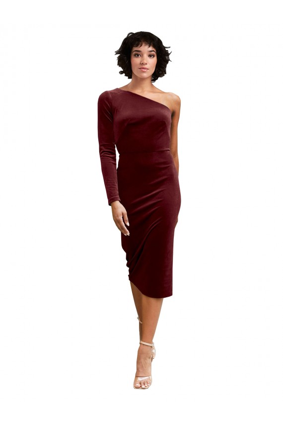 Purchase One Shoulder Fitted Short Midi Length Velvet Prom Dress UK